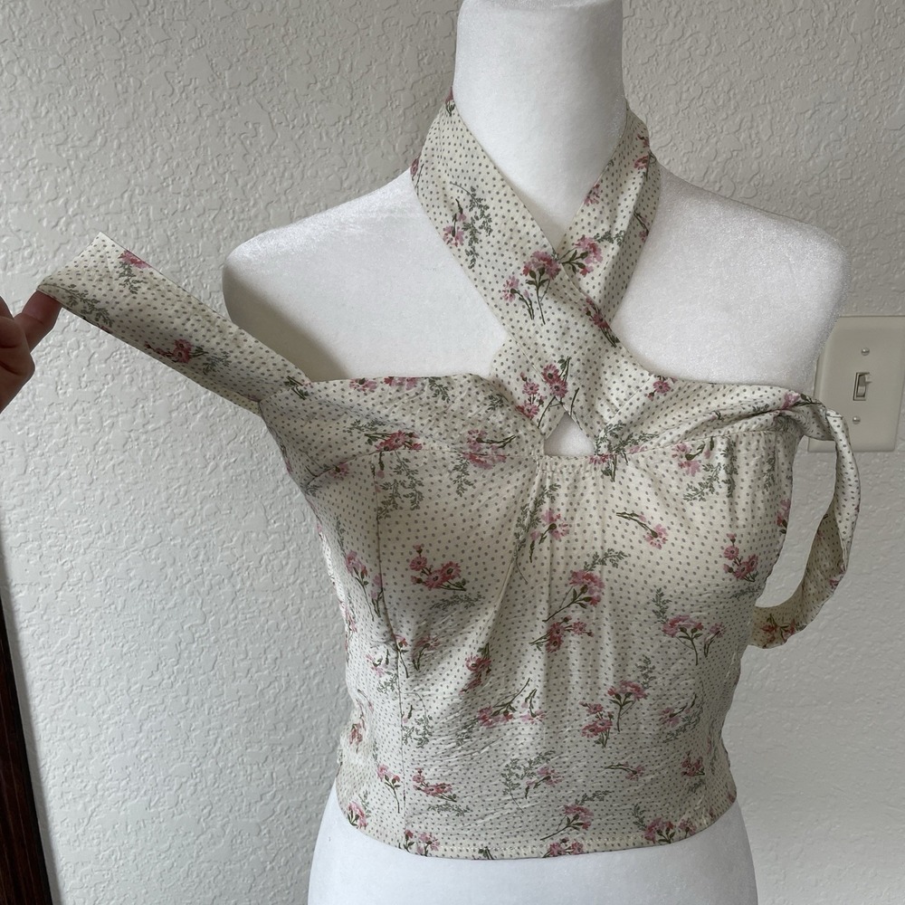 Sienna Sky 90's Floral Halter Crop Top Womens M Smocked Coquette Cottagecore - Picture 2 of 11